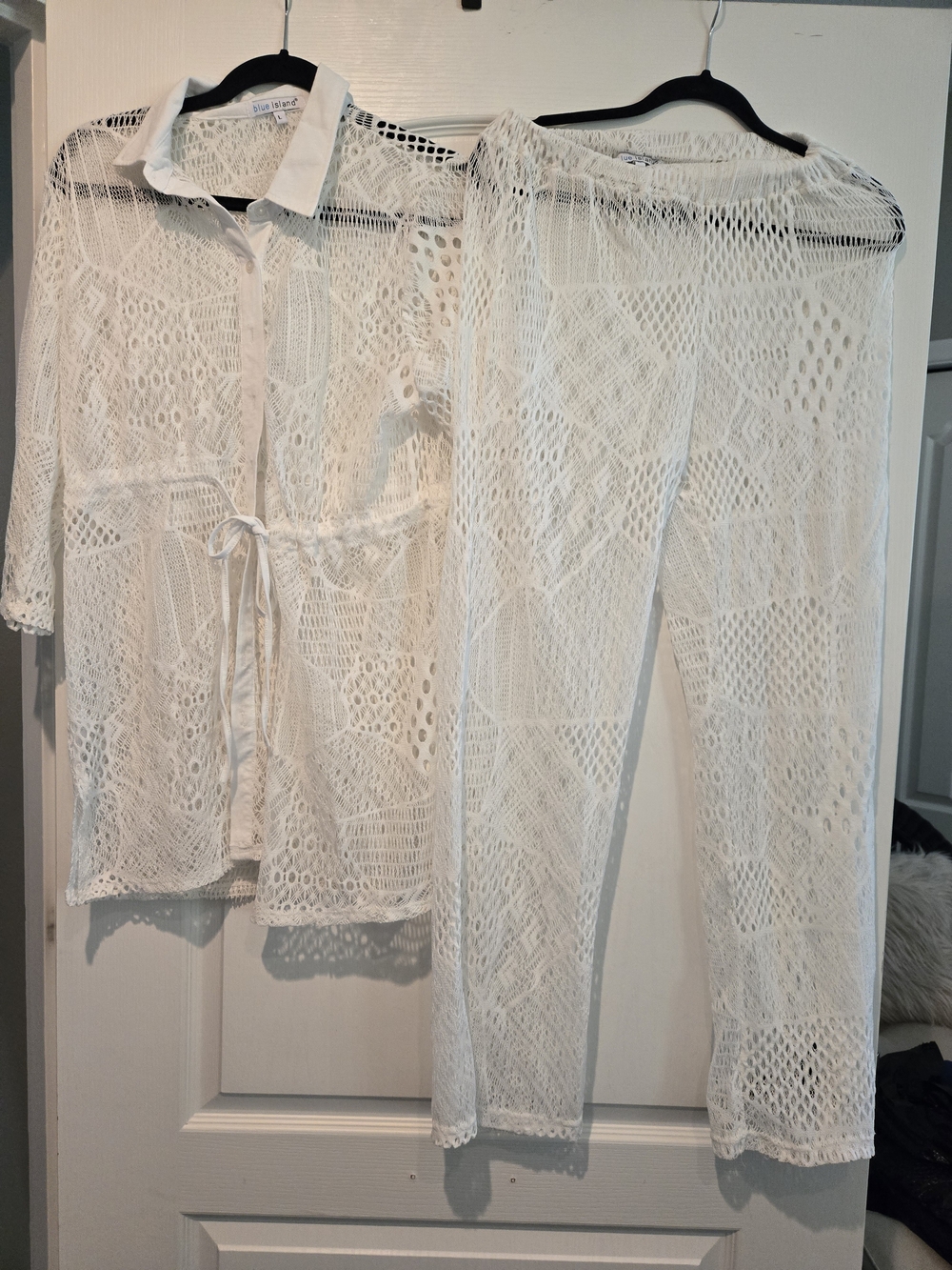 Blue Island White Sheer Crochet top and Pants Set